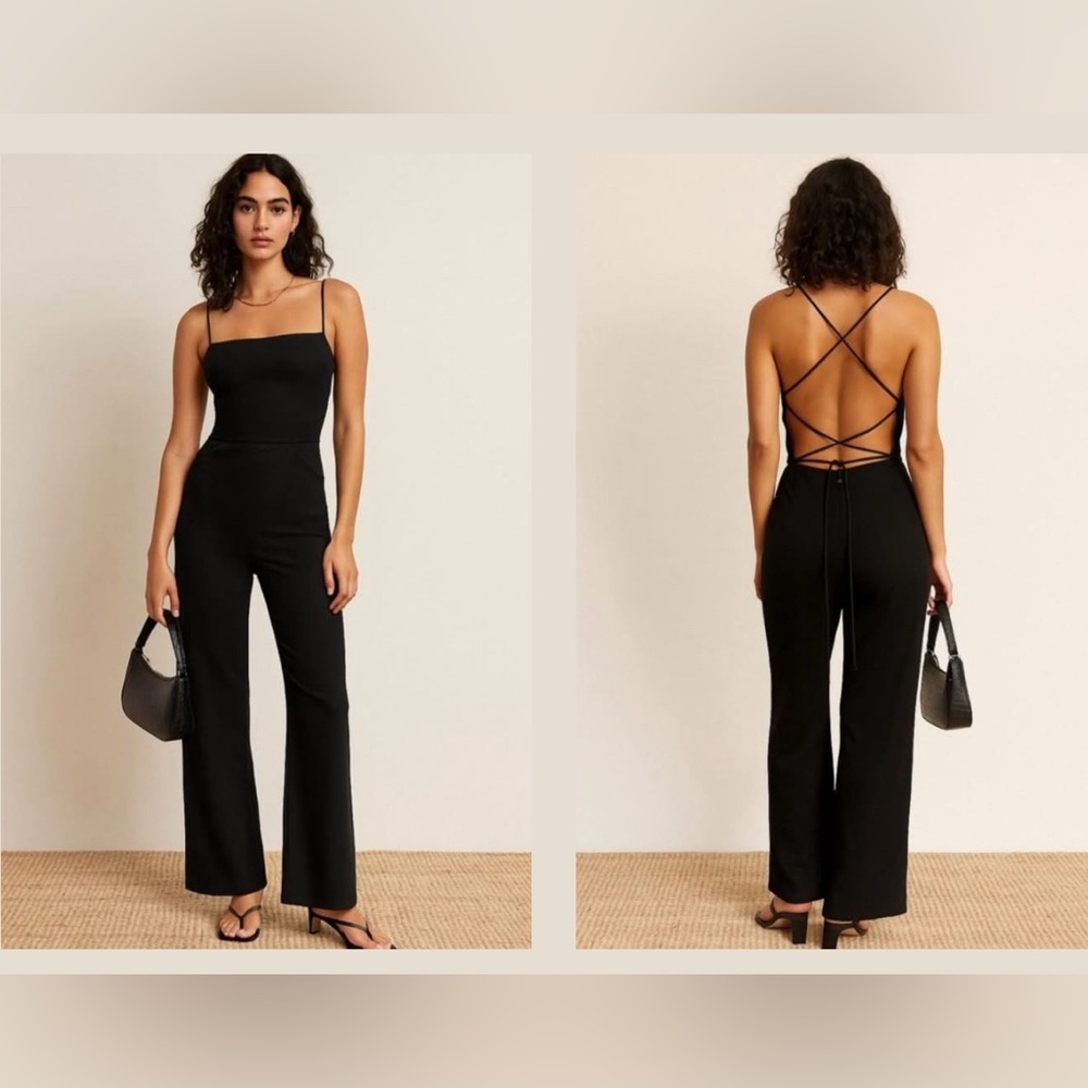 Reformation Elton Strappy Backless Junpsuit in Black. Size 2